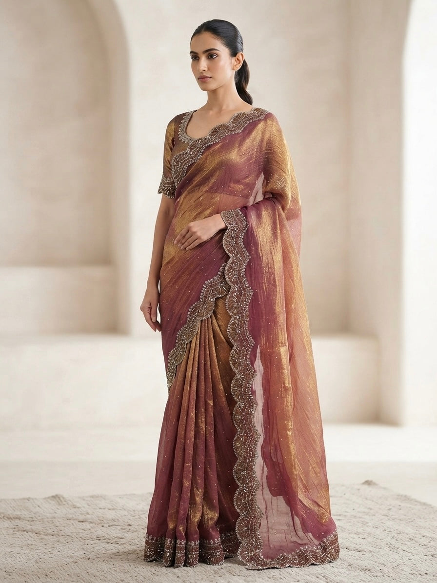 Sapce silk-Maroon and Gold Dual-Tone Space Silk Saree with Scalloped