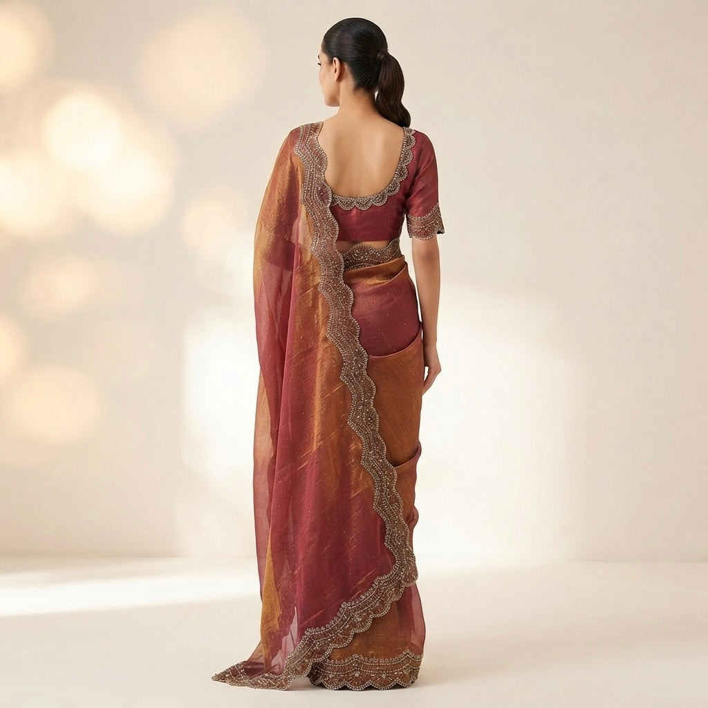 Sapce silk-Maroon and Gold Dual-Tone Space Silk Saree with Scalloped