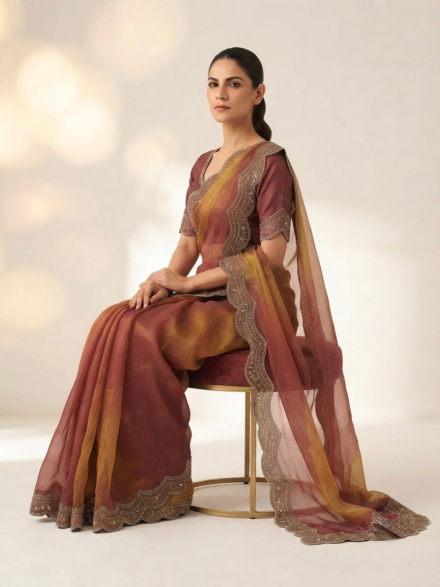 Sapce silk-Maroon and Gold Dual-Tone Space Silk Saree with Scalloped