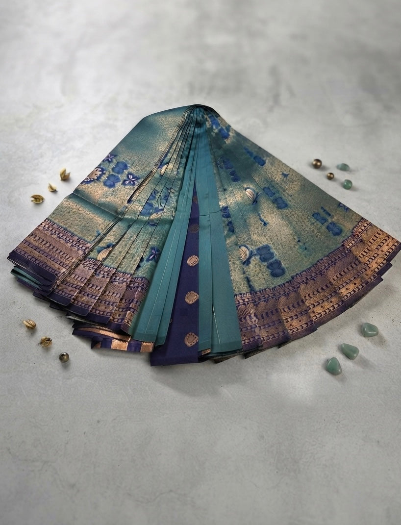 Premium Brocade Silk saree-Sea Green with Navy Blue Contrast