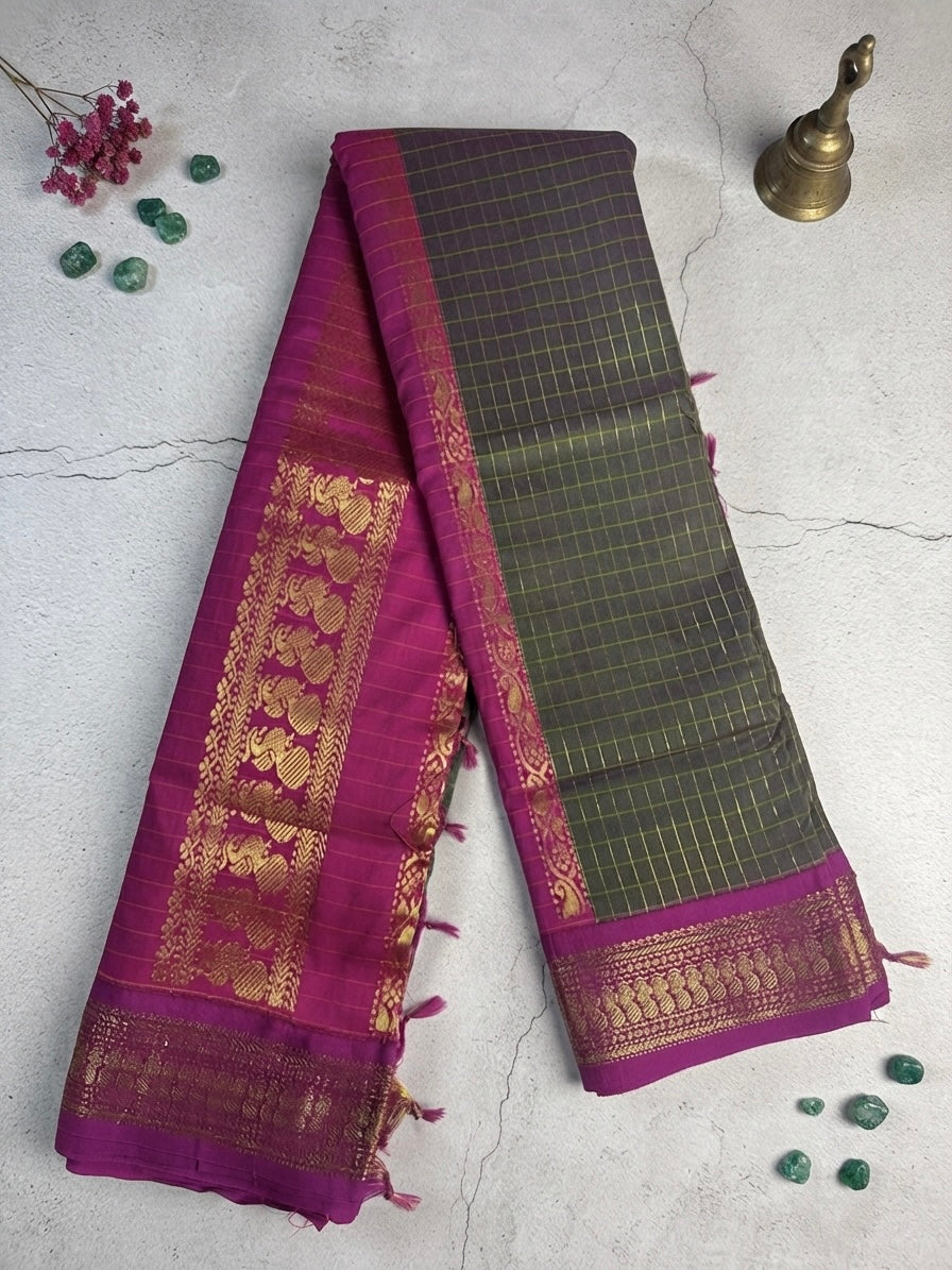 Kalyani Cotton Saree-Olive Grey with Gold Checks