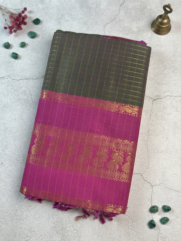 Kalyani Cotton Saree-Olive Grey with Gold Checks