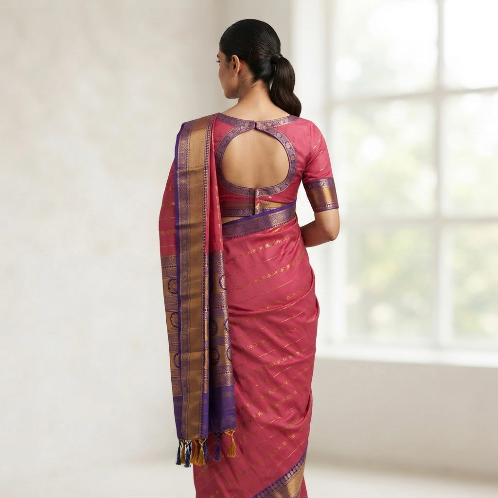 Vairavosi Saree-Rose Pink with Royal Blue Lotus Zari Border