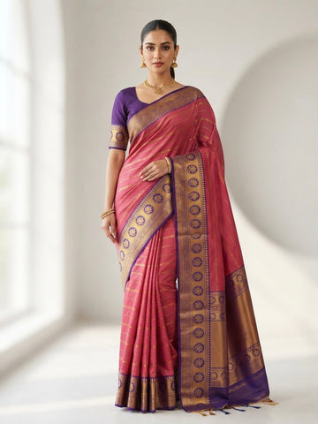 Vairavosi Saree-Rose Pink with Royal Blue Lotus Zari Border