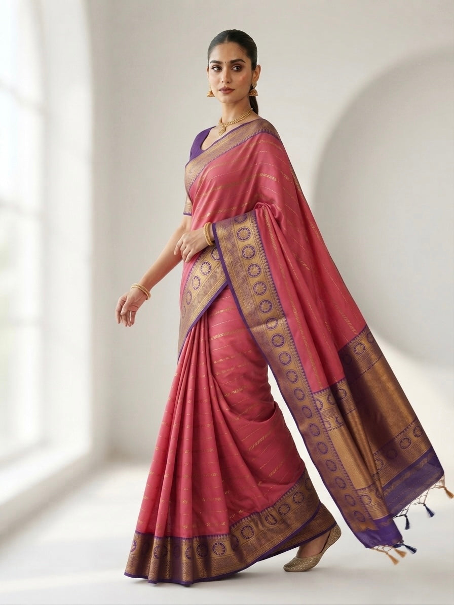 Vairavosi Saree-Rose Pink with Royal Blue Lotus Zari Border