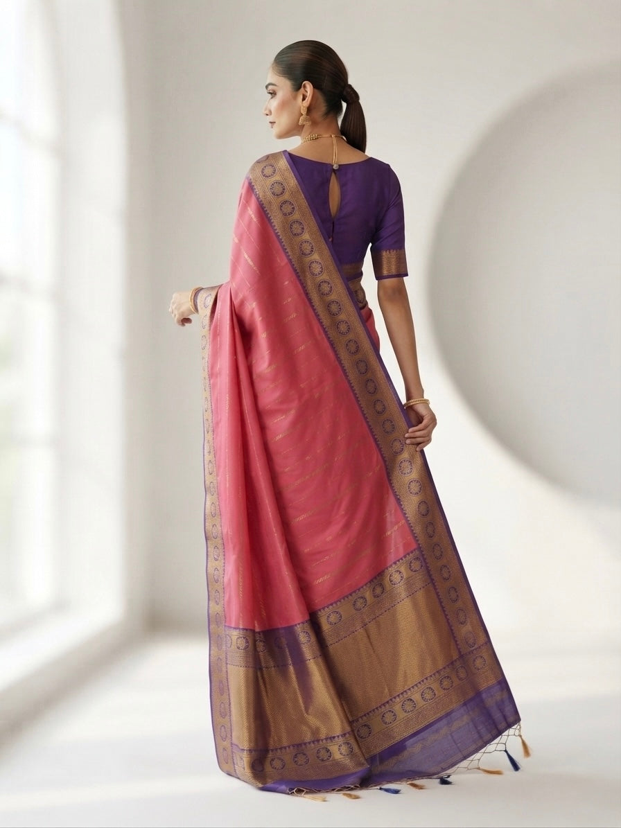 Vairavosi Saree-Rose Pink with Royal Blue Lotus Zari Border