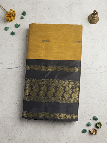 Kalyani cotton Saree-Mustard Yellow & Black Zari Border