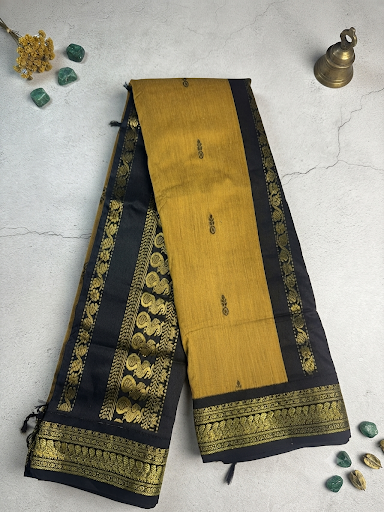 Kalyani cotton Saree-Mustard Yellow & Black Zari Border