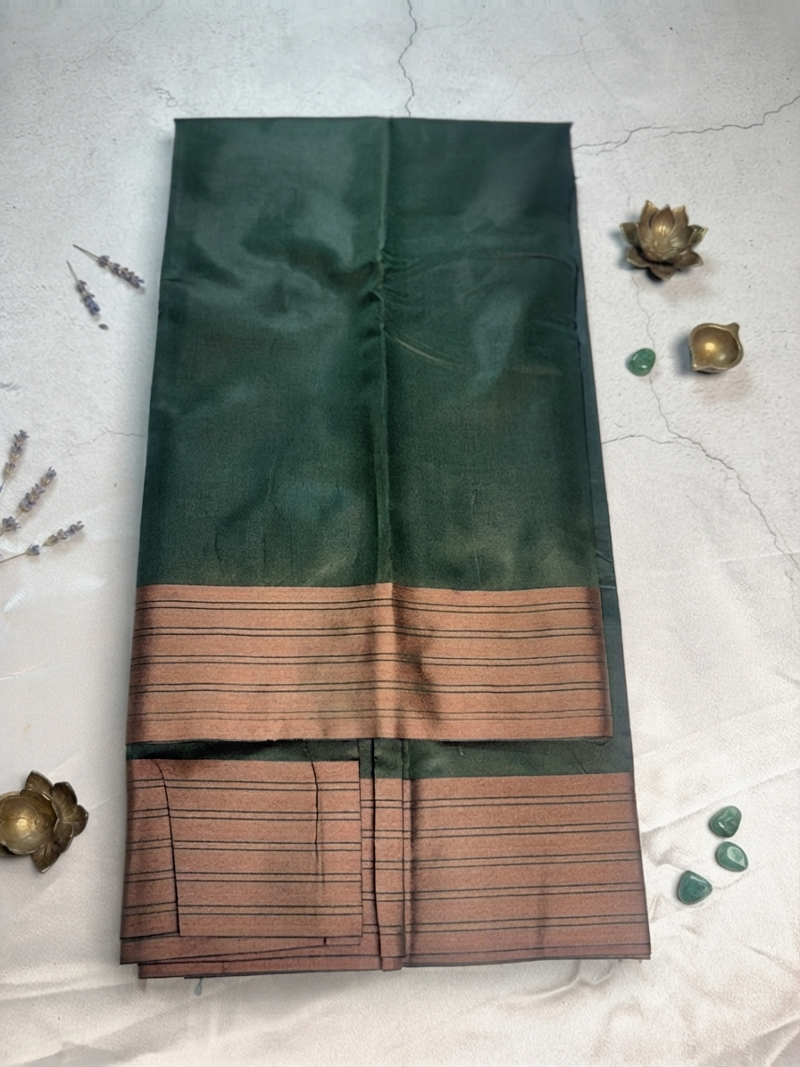 Soft plain silk saree- Forest Green with Copper Contrast Border
