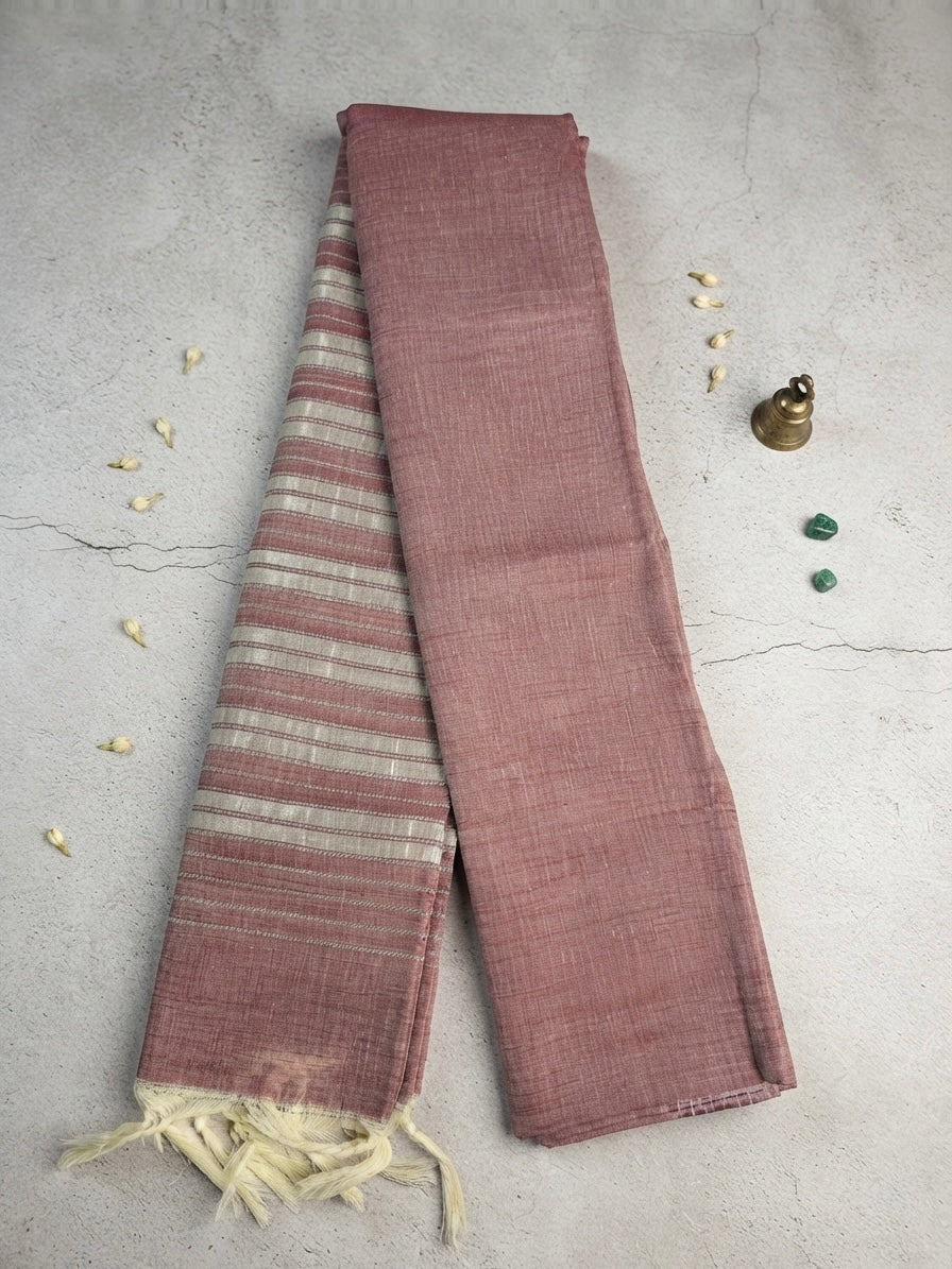 Cotton Saree-Dusty Rose with Striped Border