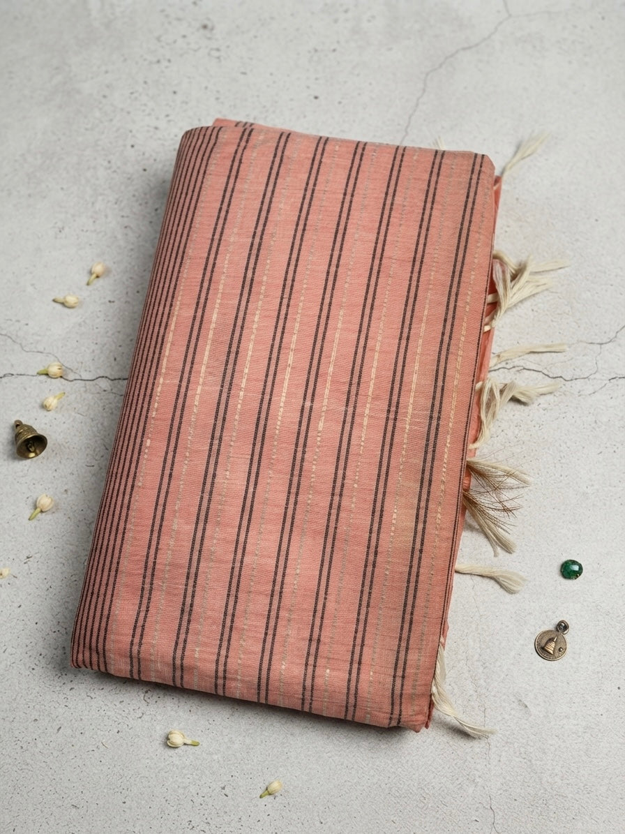Soft Peach Cotton Saree -Soft Peach with Elegant Striped