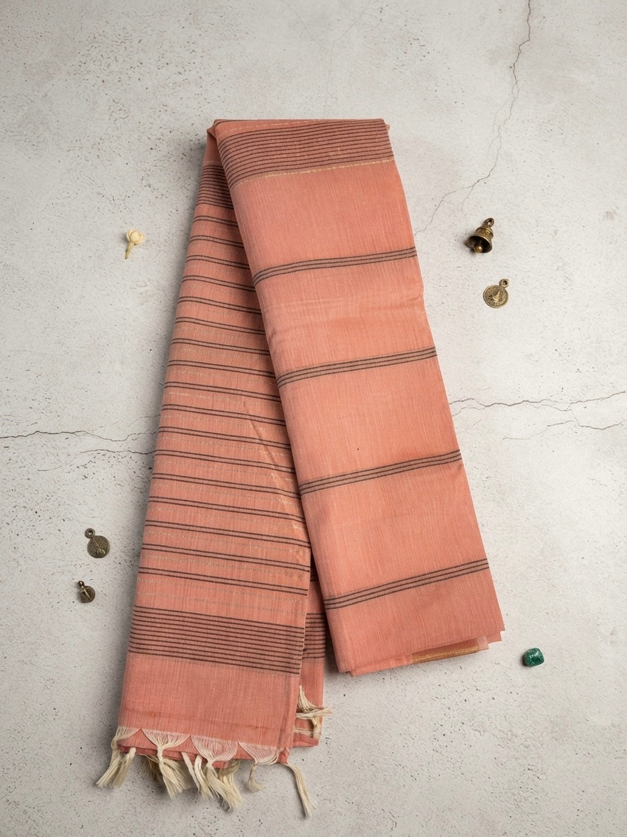 Soft Peach Cotton Saree -Soft Peach with Elegant Striped