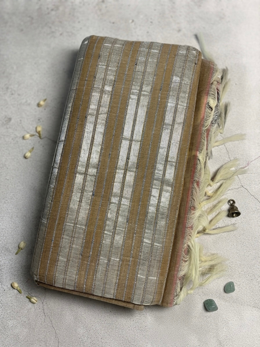 Cotton Saree-Light Coffee Brown with Silver Striped