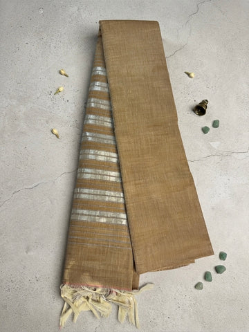 Cotton Saree-Light Coffee Brown with Silver Striped