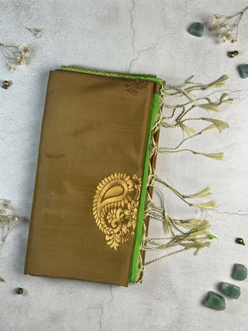 Soft Silk Saree – Olive Brown with Contrast Green Border