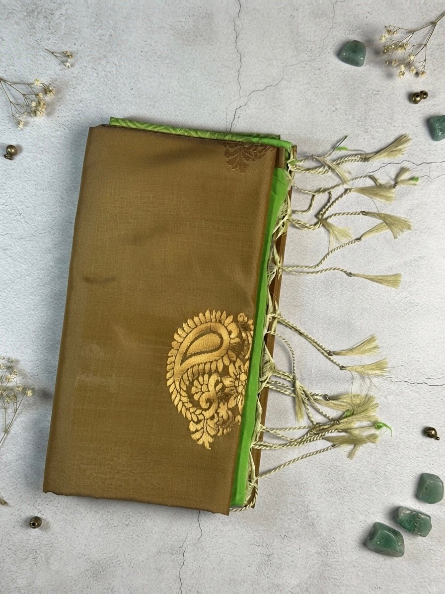 Soft Silk Saree – Olive Brown with Contrast Green Border