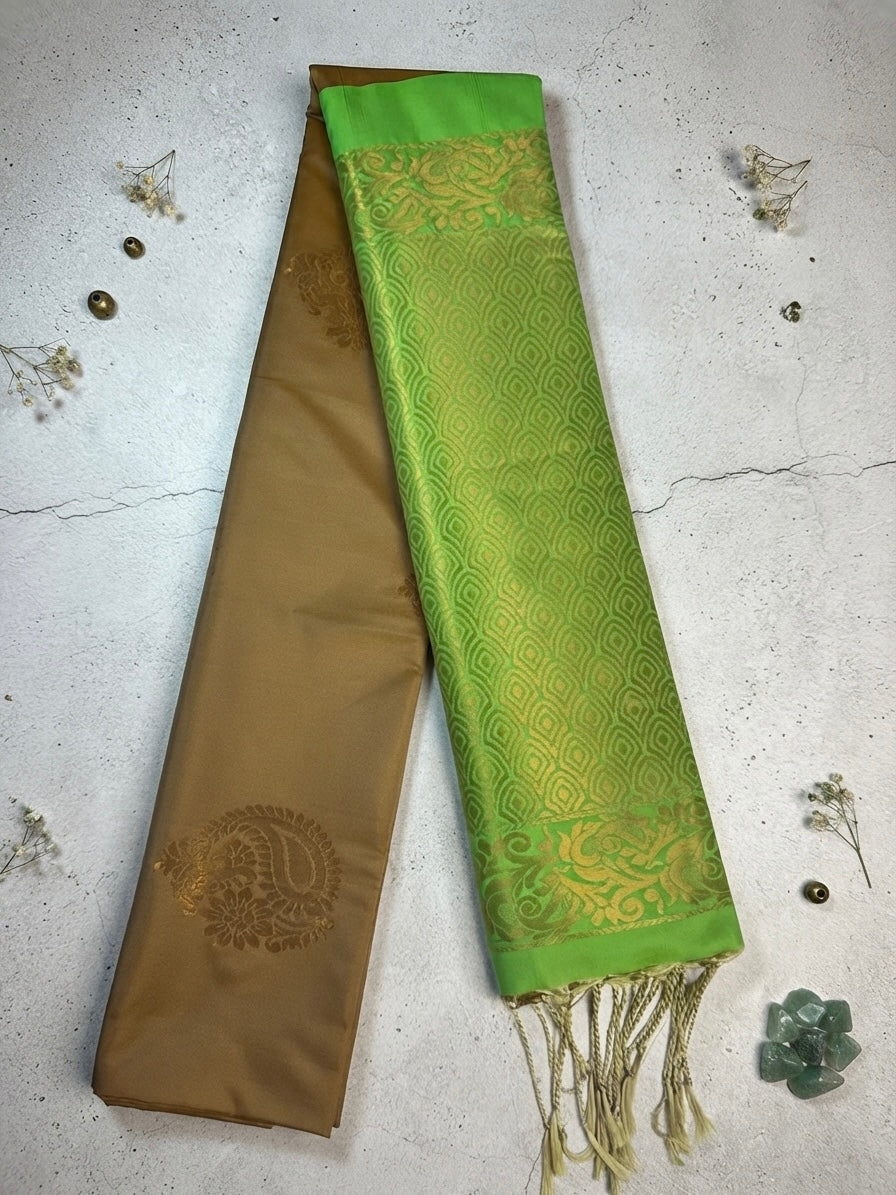 Soft Silk Saree – Olive Brown with Contrast Green Border