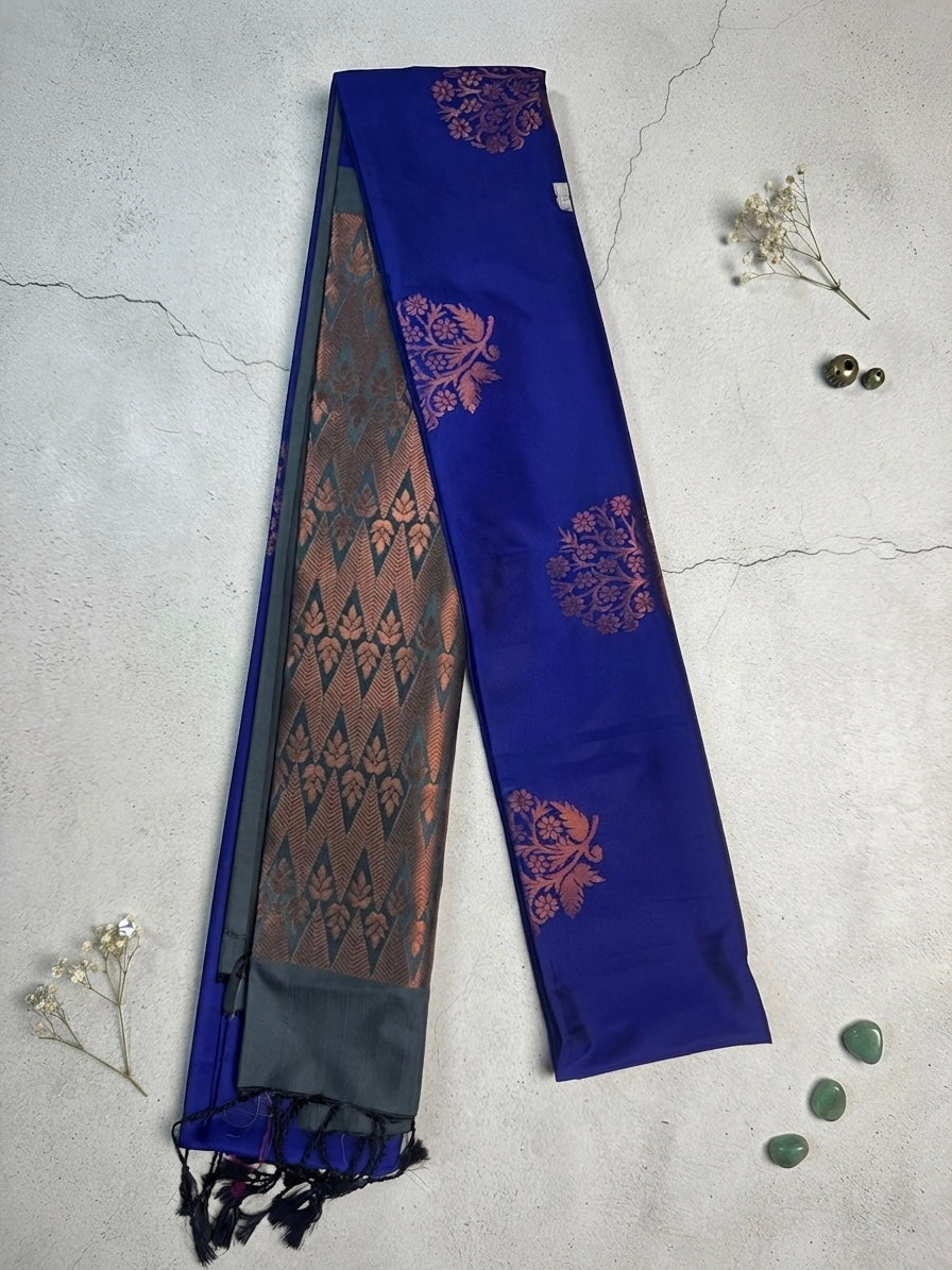 Soft silk-Royal Blue Silk Saree with Floral Zari Motifs