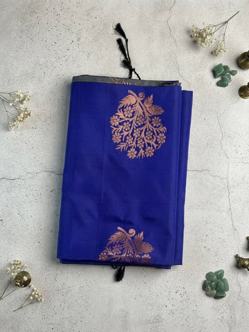 Soft silk-Royal Blue Silk Saree with Floral Zari Motifs