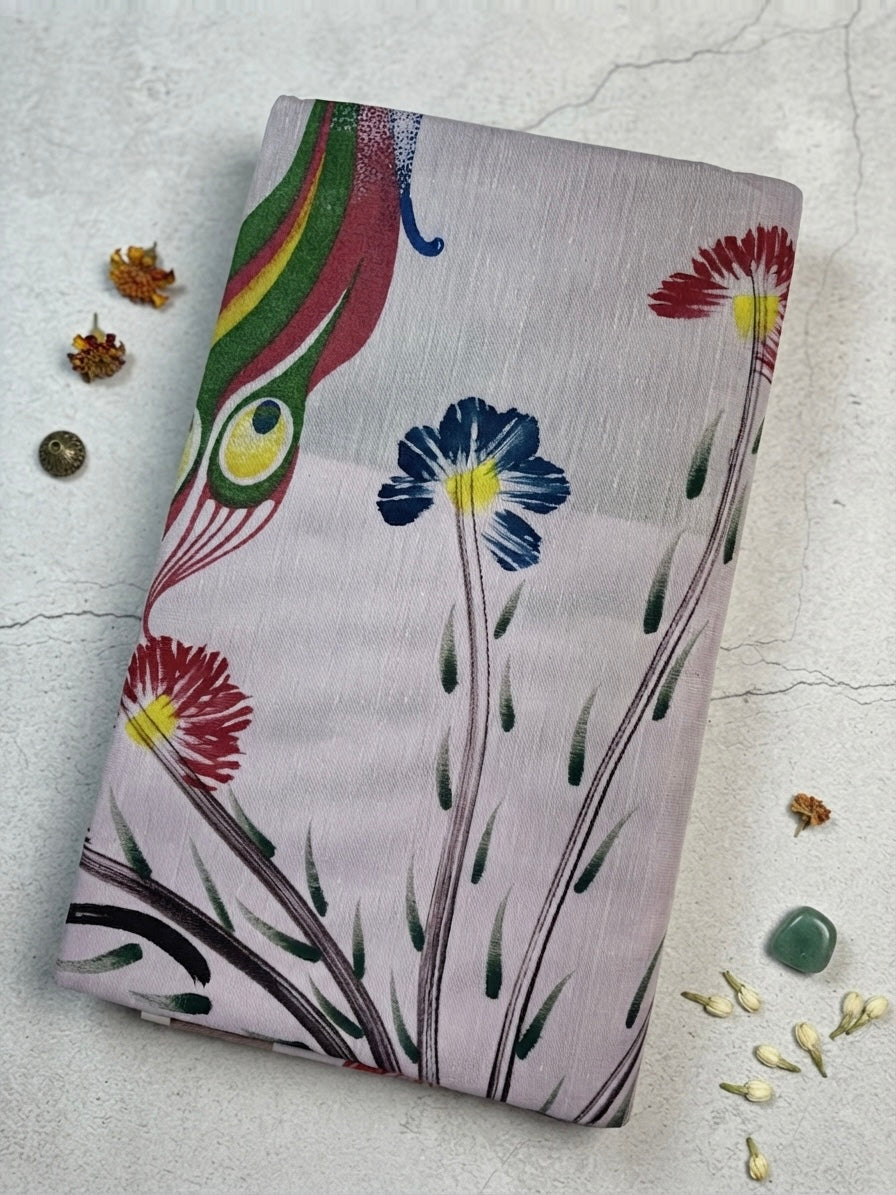 Kerala Floral Print Saree – Soft Pink Elegance