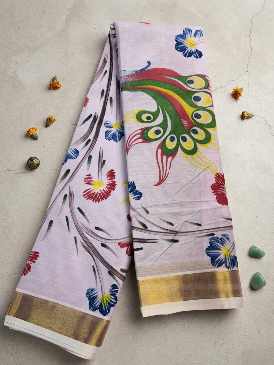 Kerala Floral Print Saree – Soft Pink Elegance