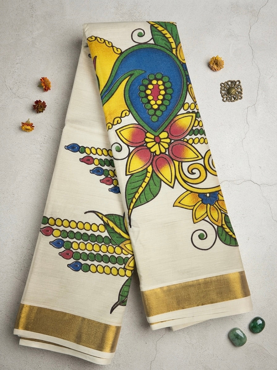 Kerala Mural Print Saree – Off White Elegance