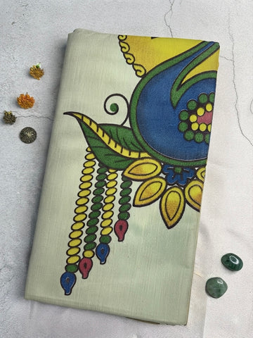 Kerala Mural Print Saree – Off White Elegance