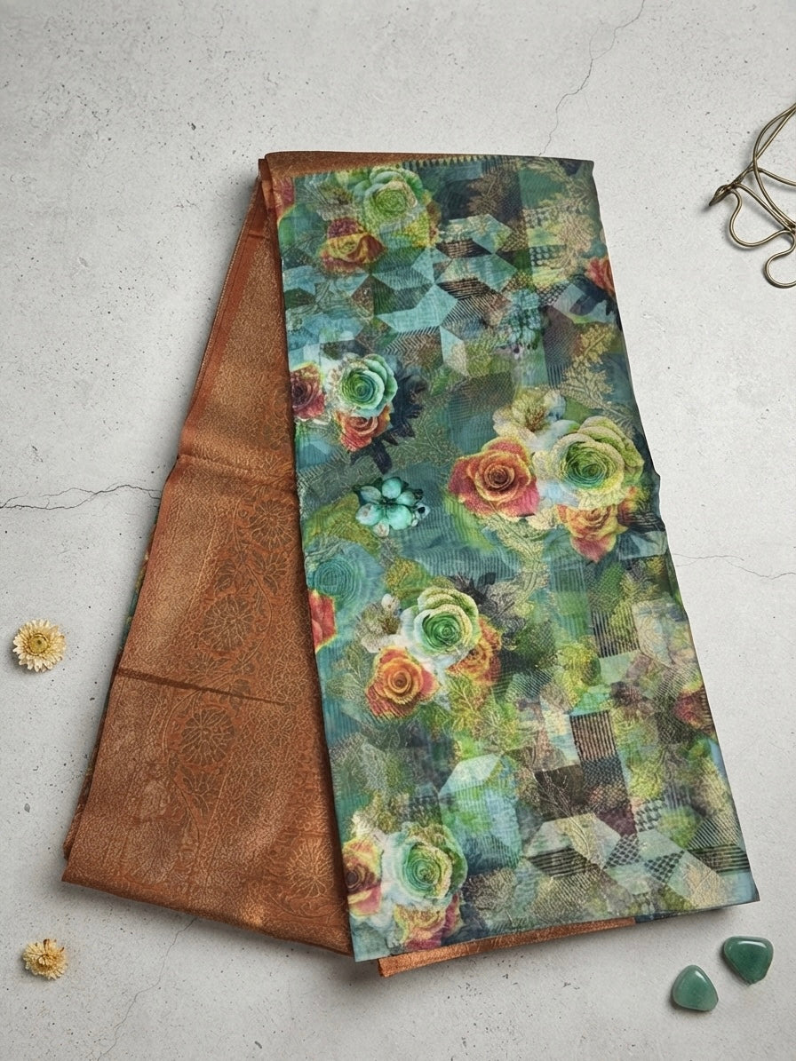 Premium bubbery Silk-Sage Green Floral Print with Antique Copper Border