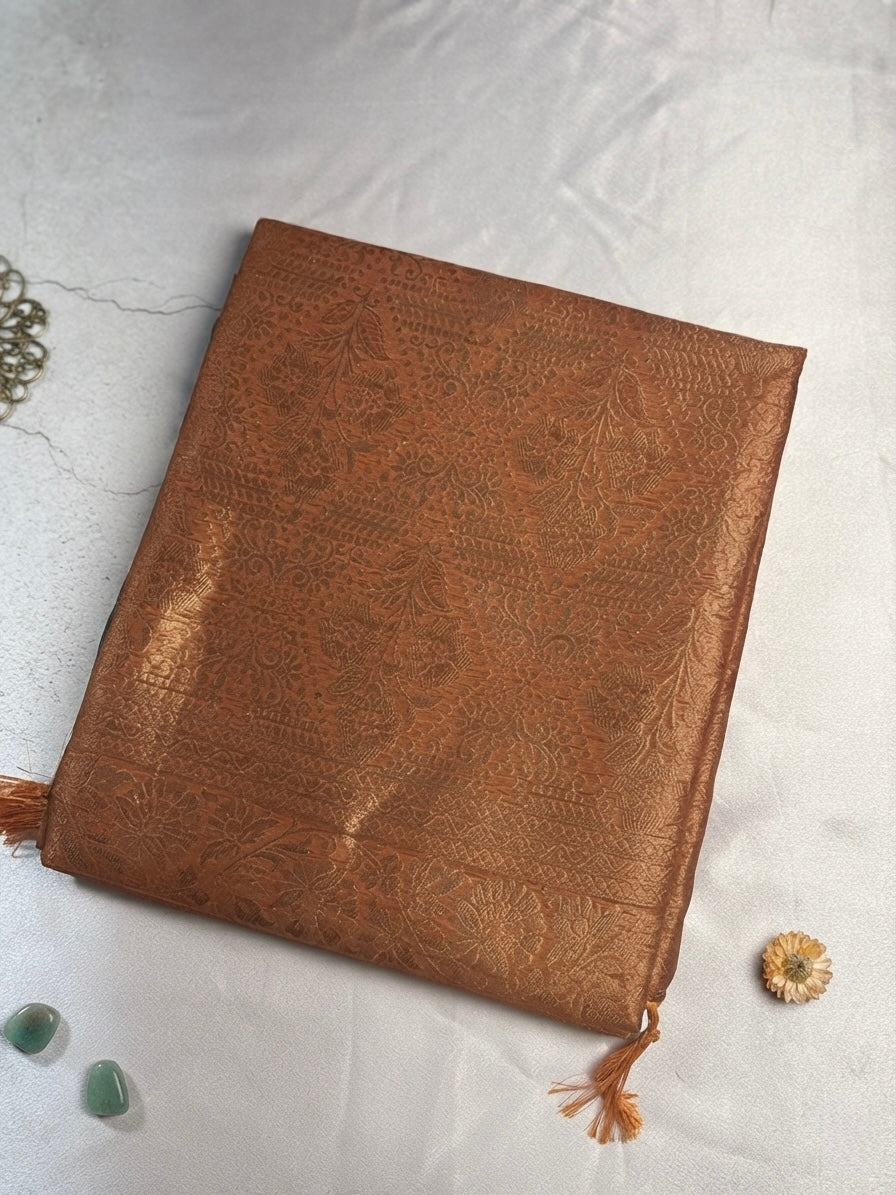 Premium bubbery Silk-Sage Green Floral Print with Antique Copper Border