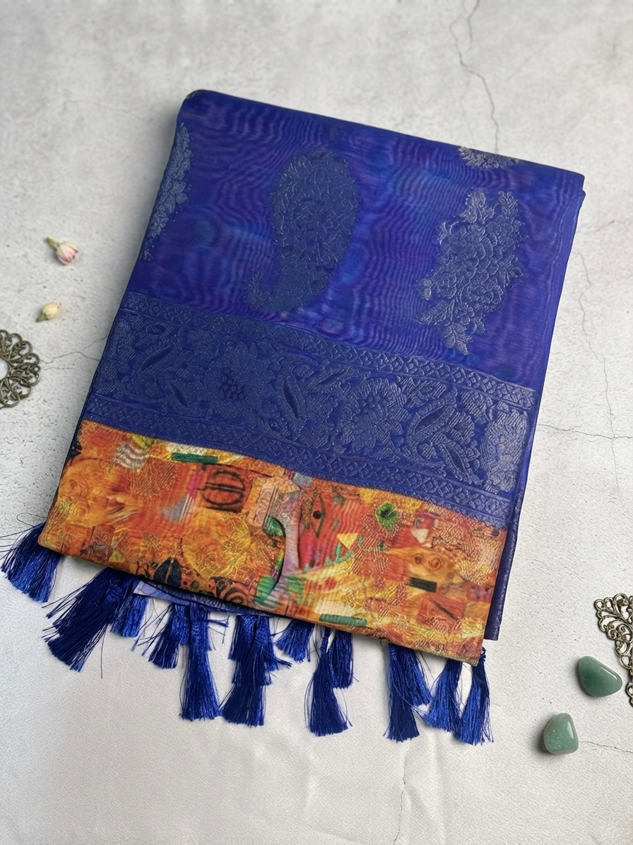 Premium burbbery Silk-Royal Blue with Multicolor Artistic Accent