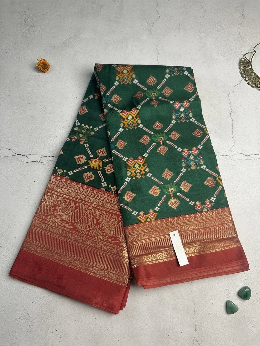 Premium Dolla Silk-Bottle Green with Rust Red Border