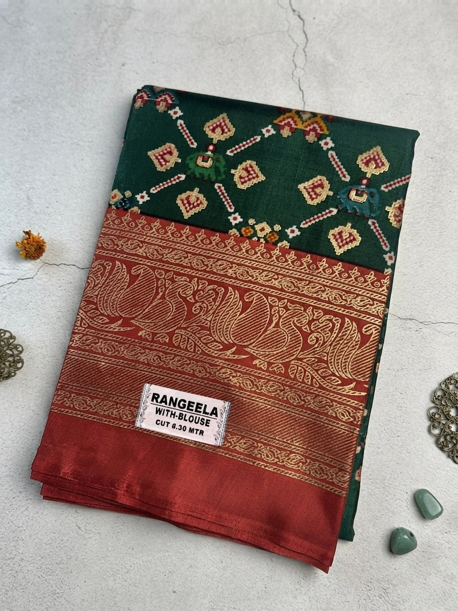 Premium Dolla Silk-Bottle Green with Rust Red Border