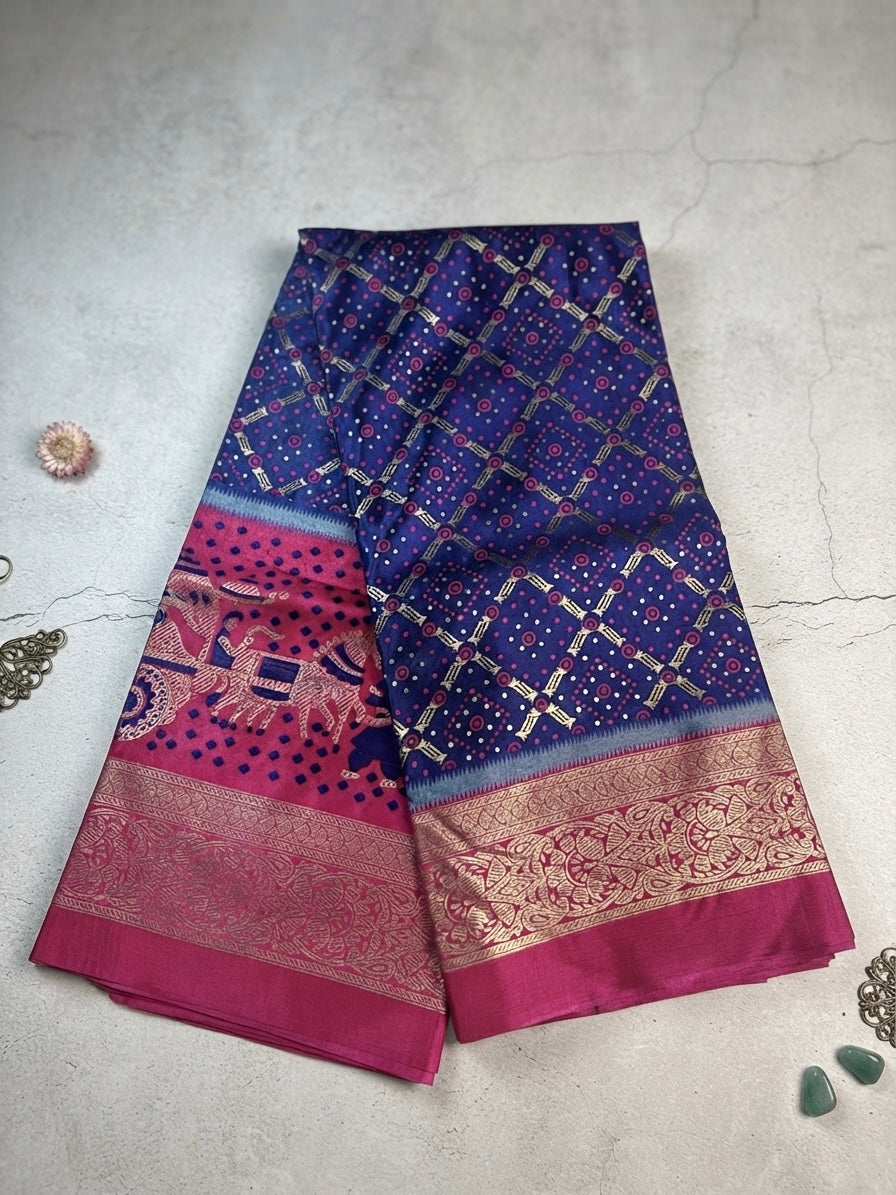 Premium Dolla Silk-Royal Blue with Magenta Pink Border