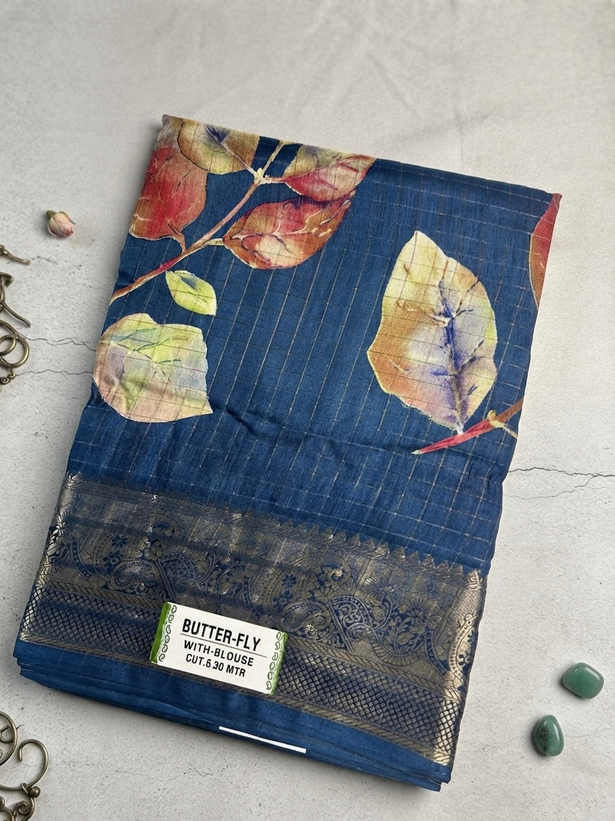 Premium Dolla Silk -Navy Blue with Multicolor Leaf Print