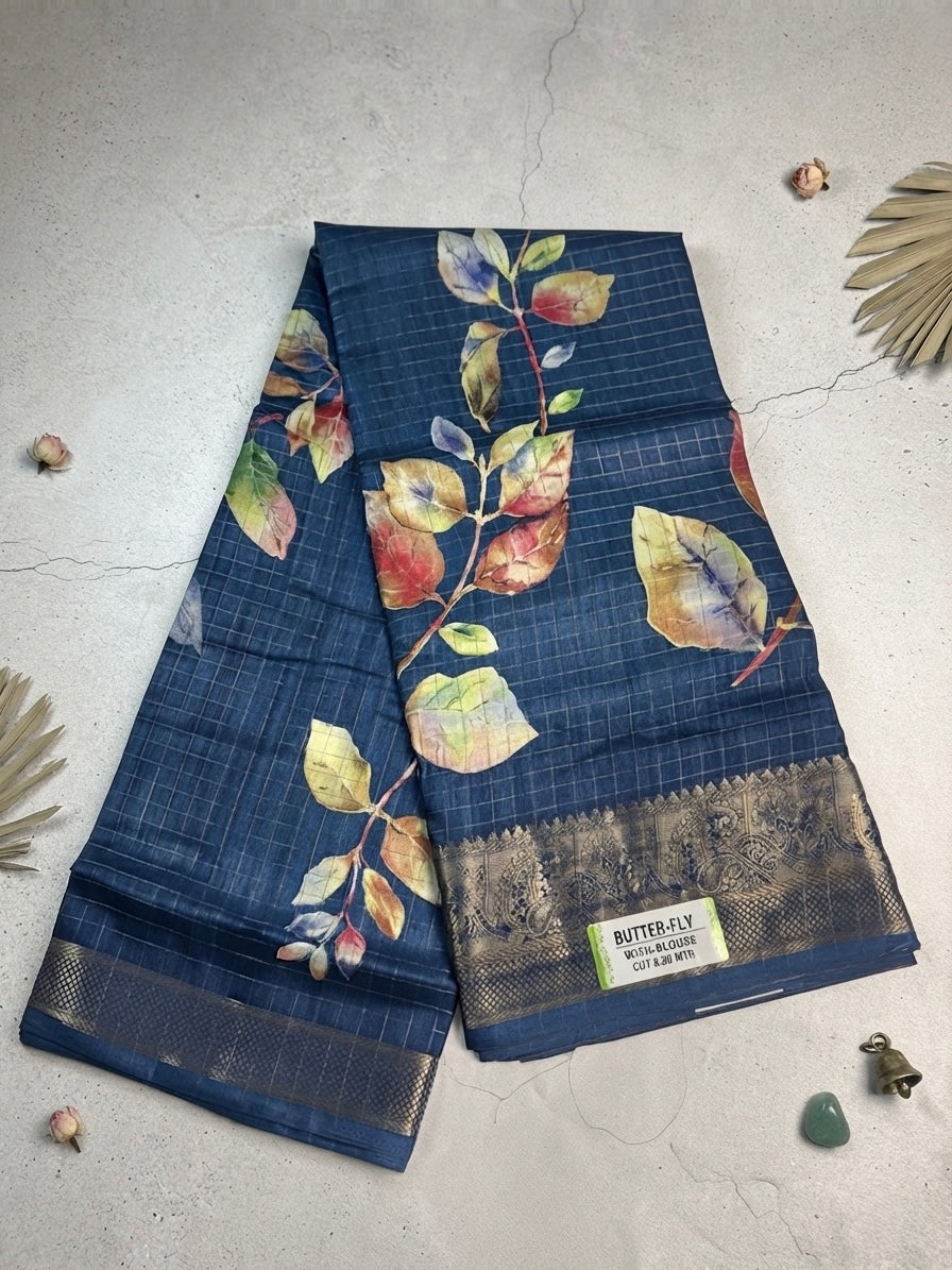 Premium Dolla Silk -Navy Blue with Multicolor Leaf Print