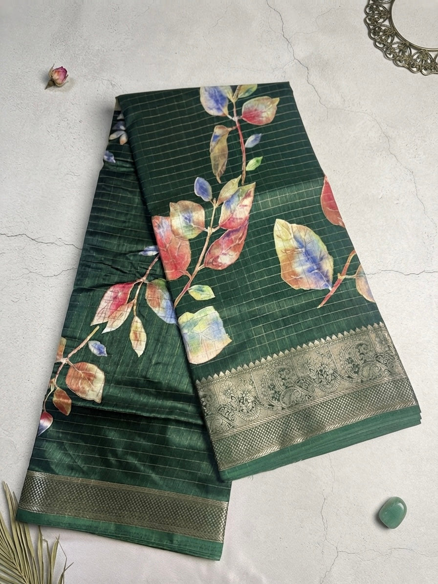 Premium Burberry Silk- Emerald Green with Multicolor Leaf Print
