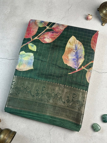 Premium Burberry Silk- Emerald Green with Multicolor Leaf Print