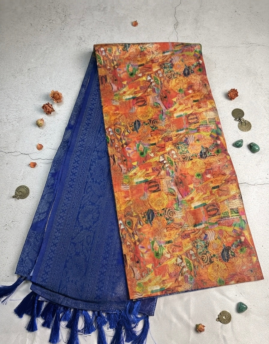 Premium Dolla Silk-Royal Blue with Multicolor Abstract Print