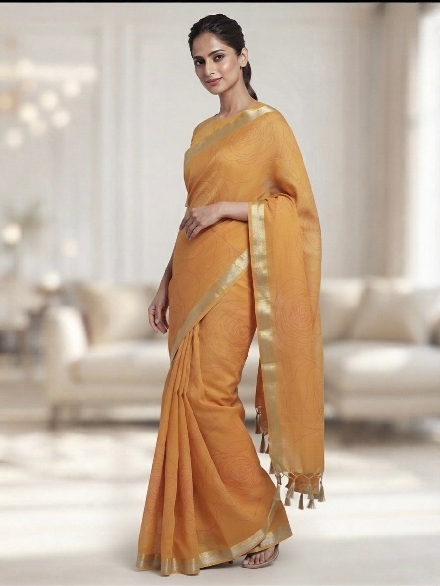Premium Linen Saree-Mustard Yellow