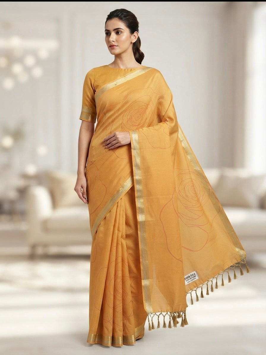 Premium Linen Saree-Mustard Yellow