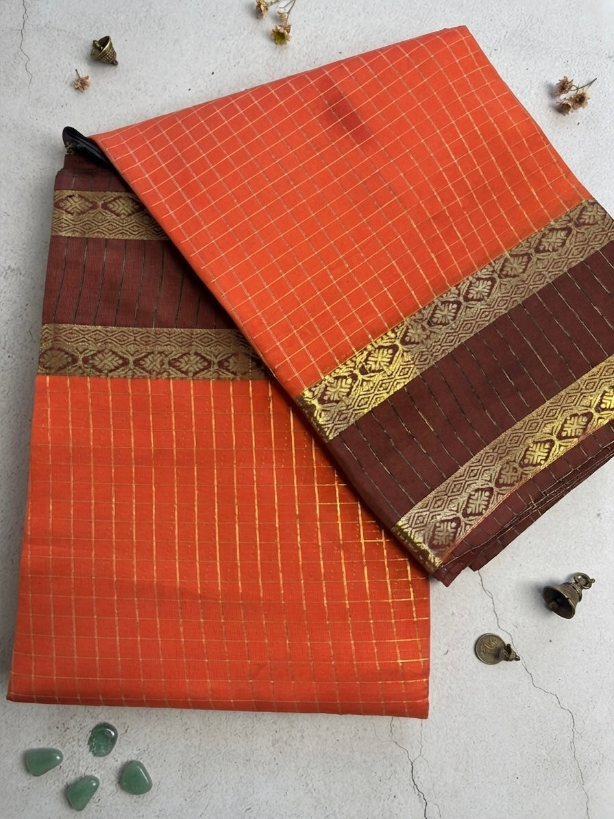 Vintage saree with Orange and Maroon-Checkered Saree
