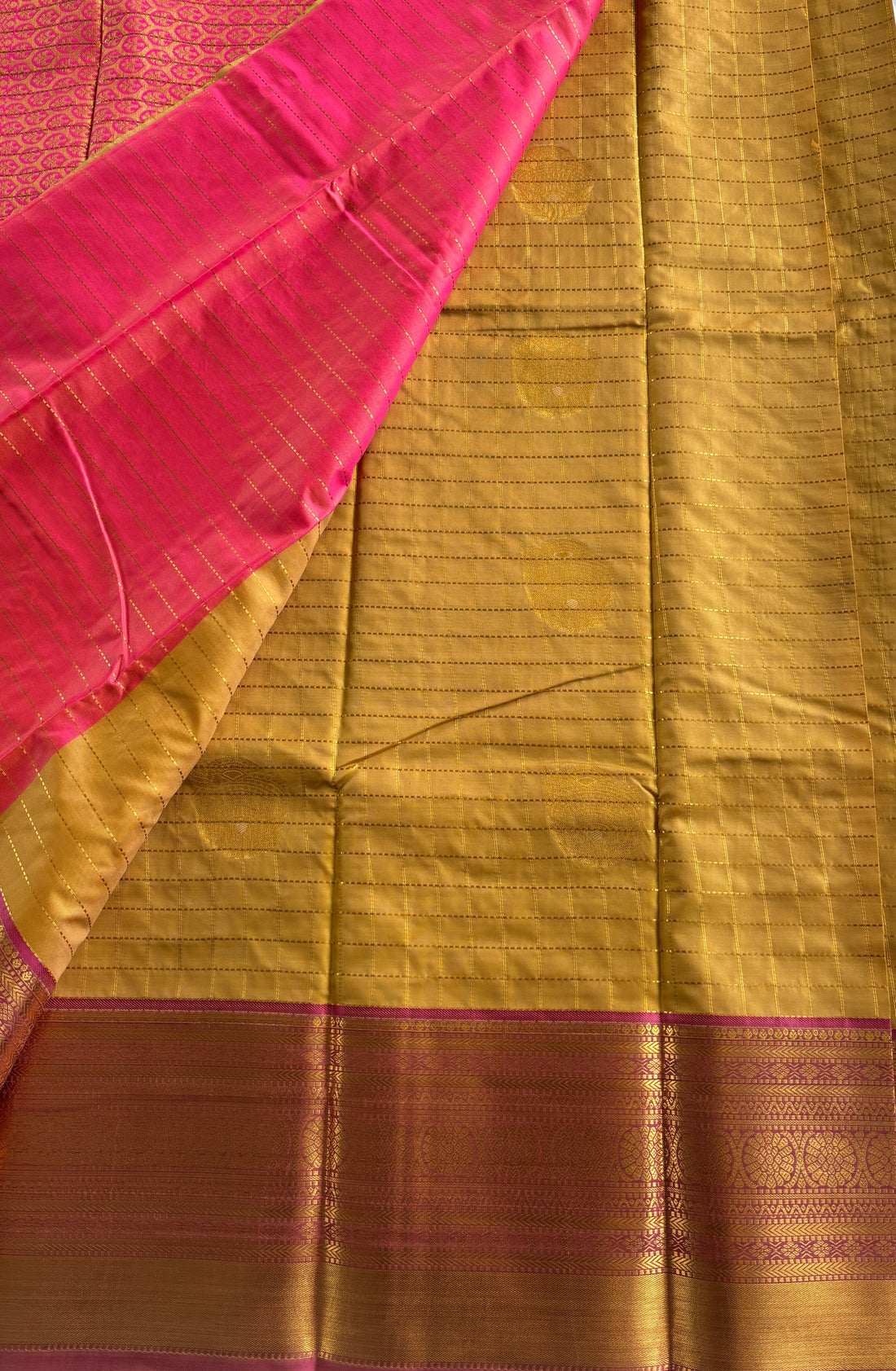 Kanchi silk Saree-with Gold Zari Stripes and Contrast Green Accents