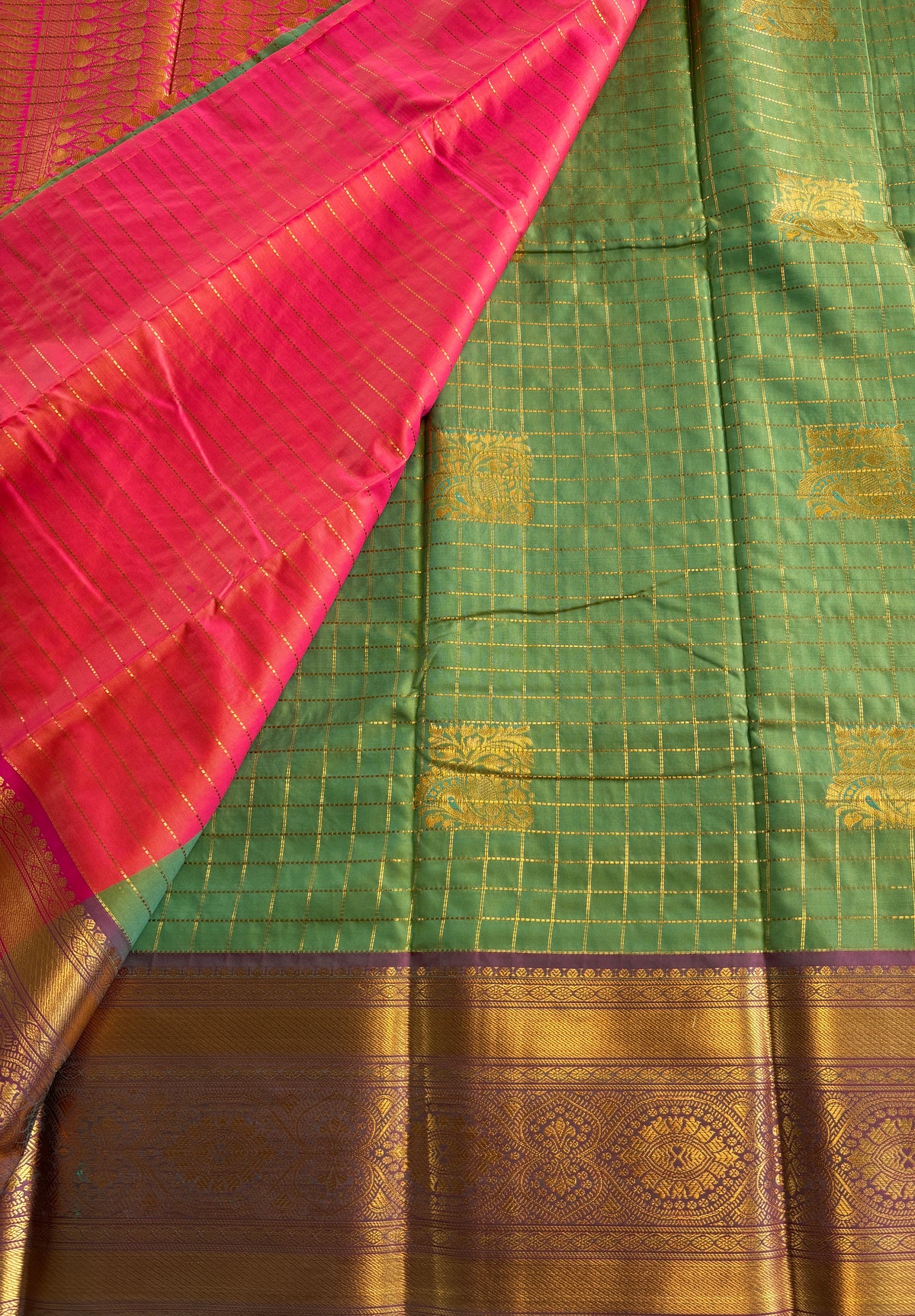 Kanchi Silk Saree-Olive Green and Purple