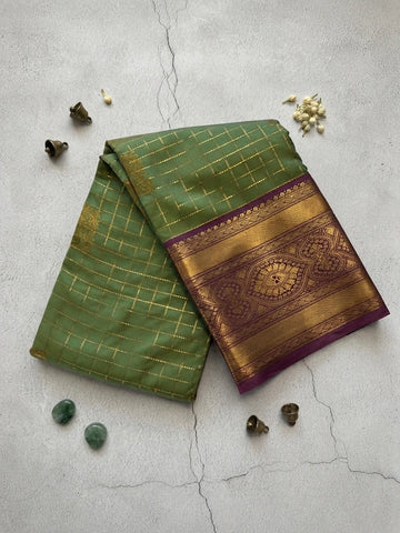 Kanchi Silk Saree-Olive Green and Purple