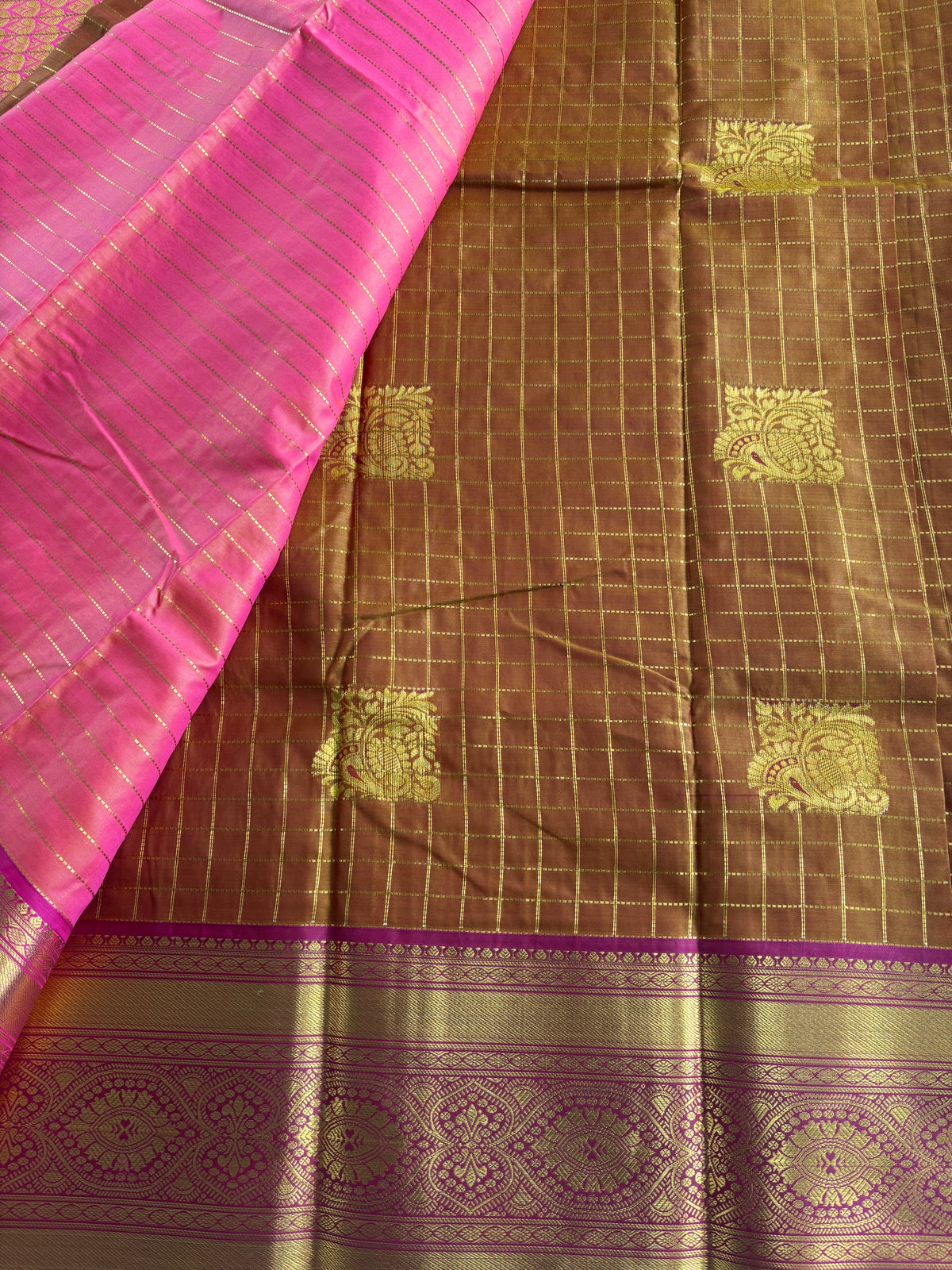 Kanchi saree-Handwoven Brown with Gold Zari Checks