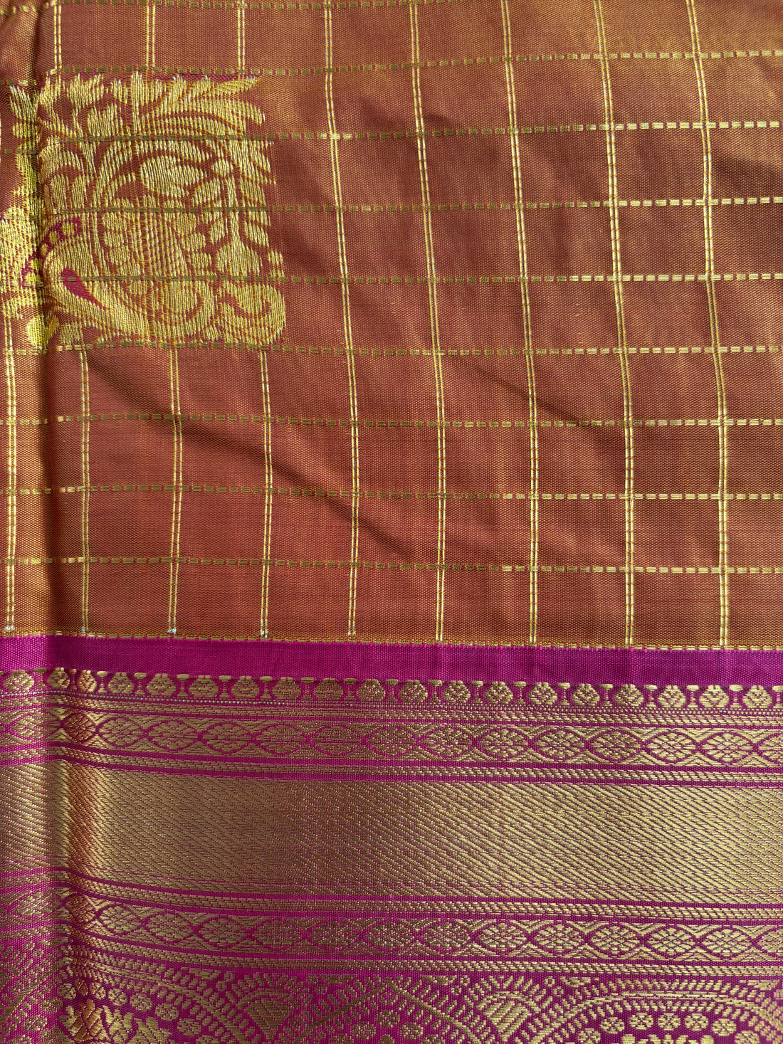 Kanchi saree-Handwoven Brown with Gold Zari Checks
