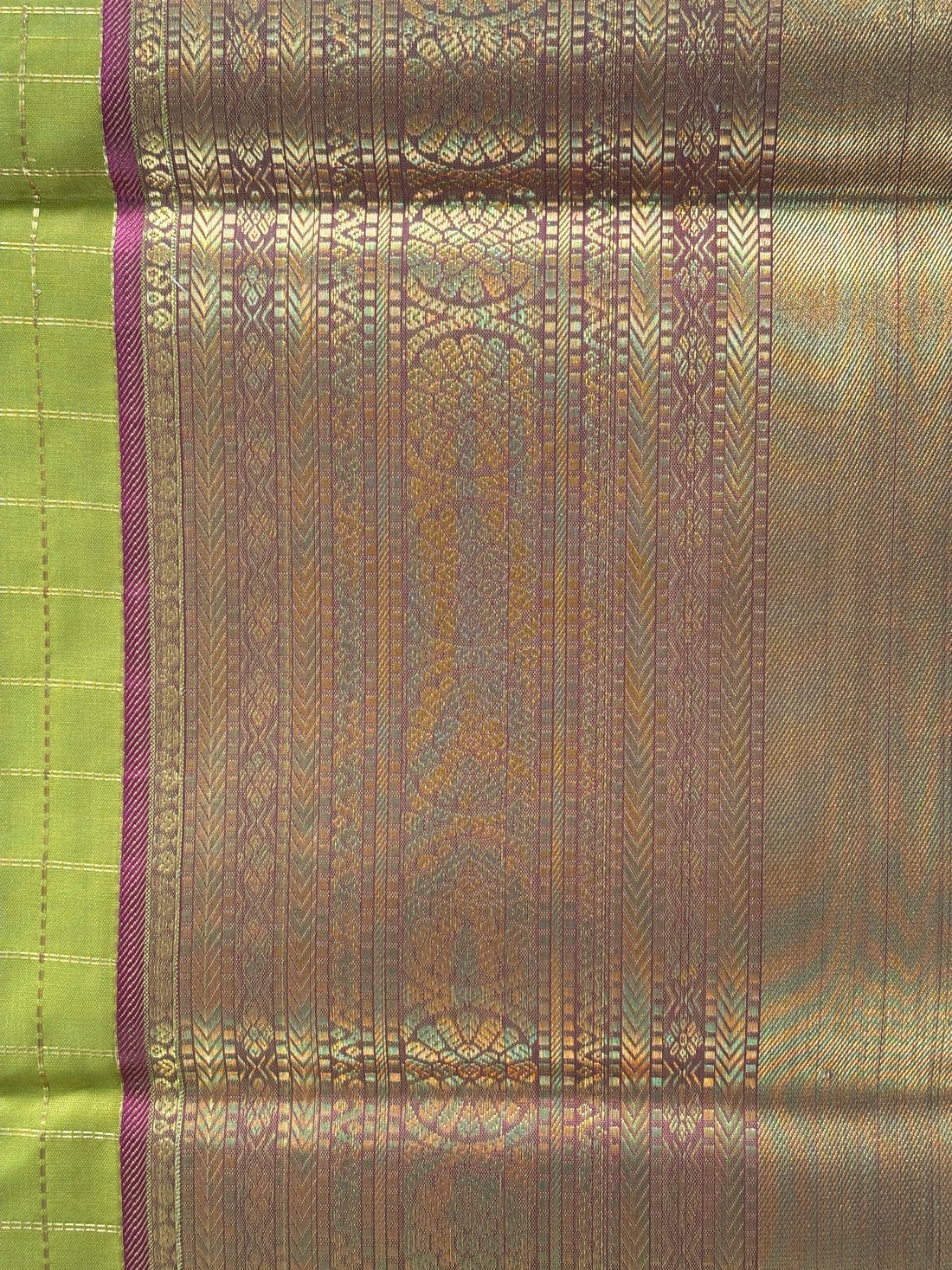 Kanchi Silk Saree-Olive Green & Magenta with Gold Zari Checks