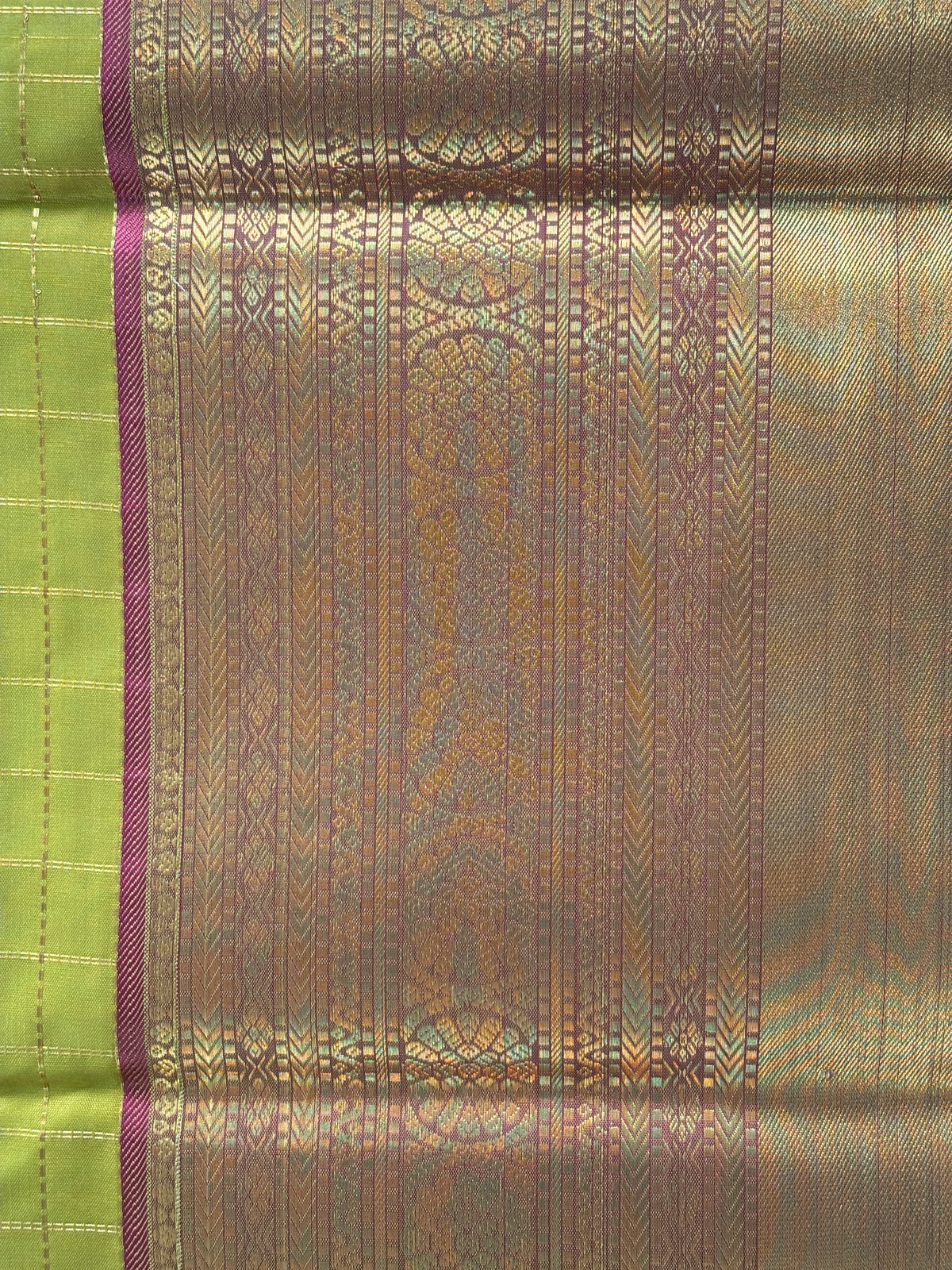Kanchi Silk Saree-Olive Green & Magenta with Gold Zari Checks