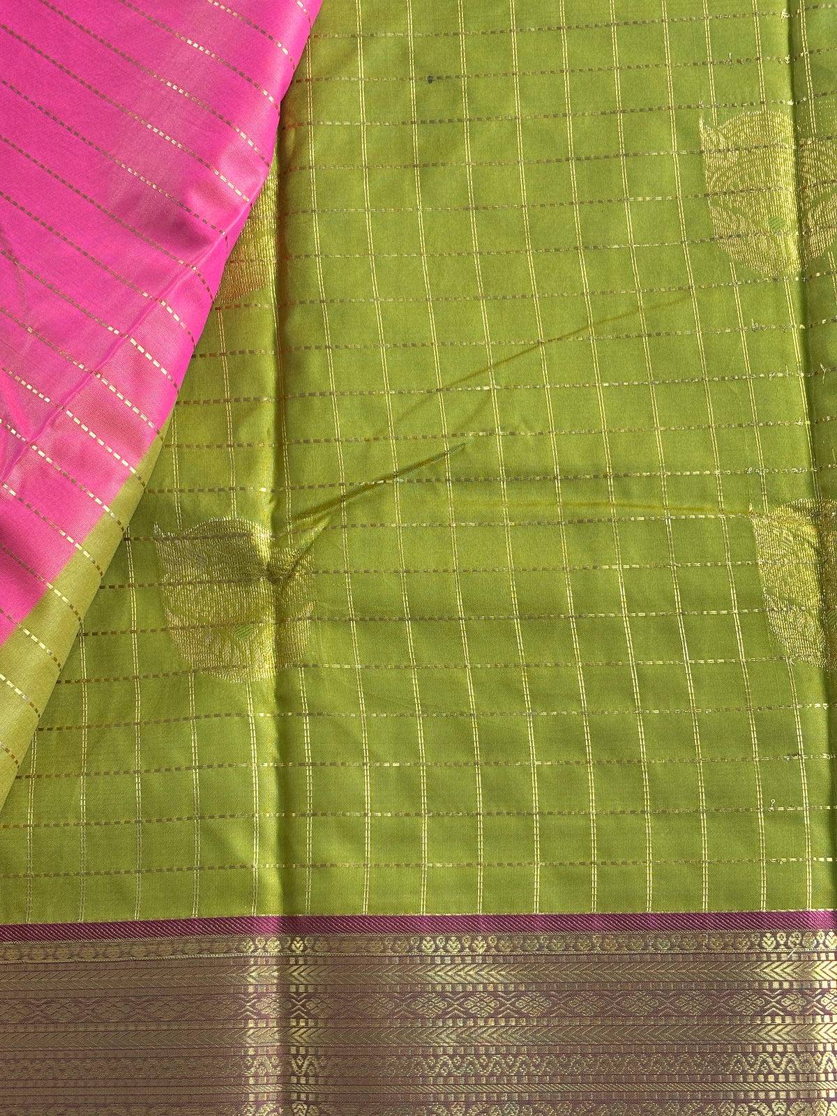 Kanchi Silk Saree-Olive Green & Magenta with Gold Zari Checks