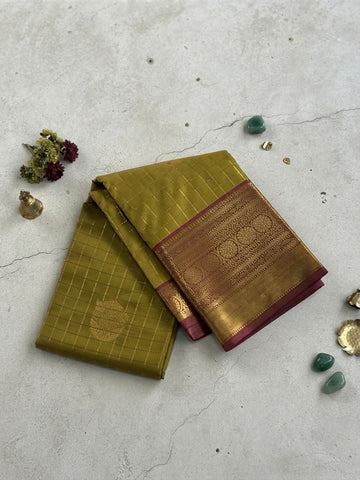 Kanchi Silk Saree-Olive Green & Magenta with Gold Zari Checks
